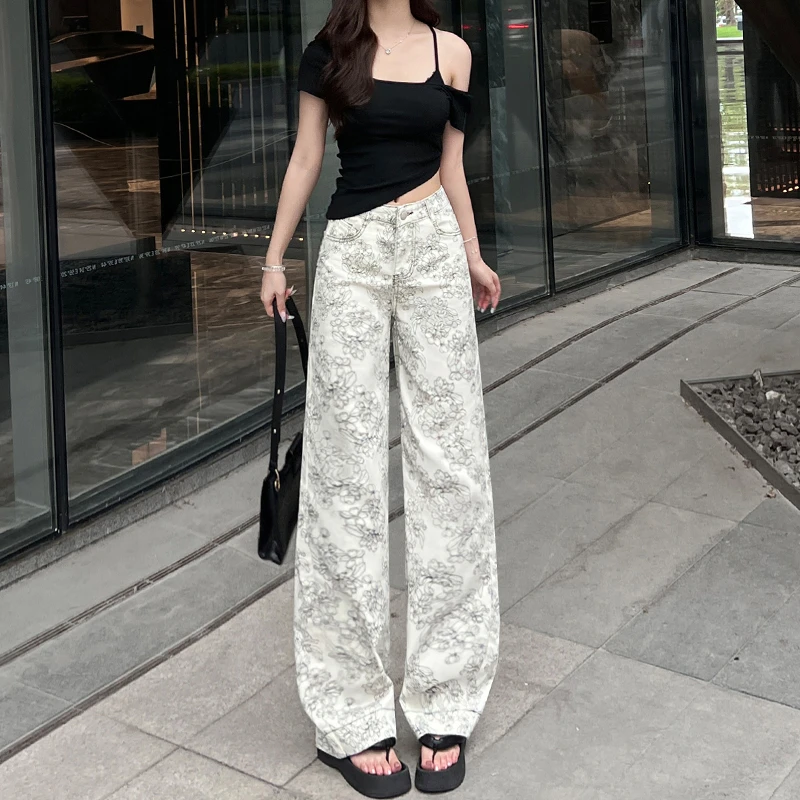 2025夏季新款高腰宽松显瘦休闲百搭阔腿裤设计感印花直筒小个子