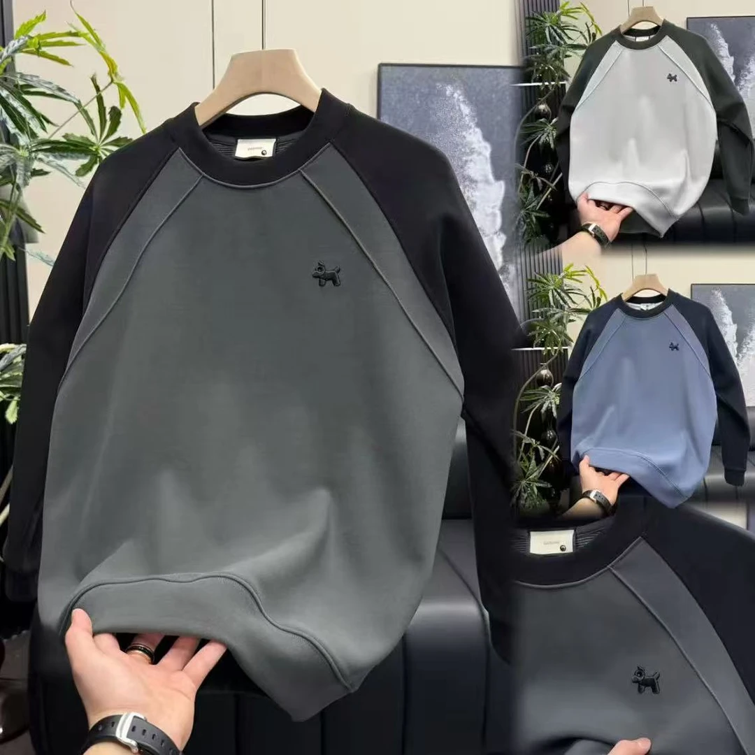 冬季时尚拼色结构设计刺绣图案圆领厚款百搭款男士卫衣87198