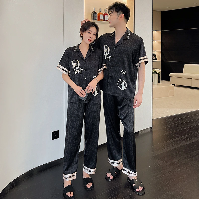 SUJIANGNIAO2025春夏新款冰丝睡衣女短袖长裤薄款爱心印花套装冰