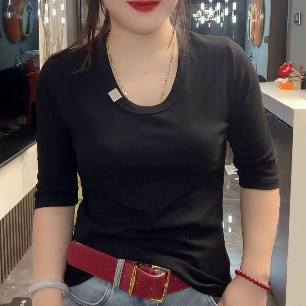 欧货高端精品新款U领百搭修身显瘦中袖洋气减龄简约气质T恤