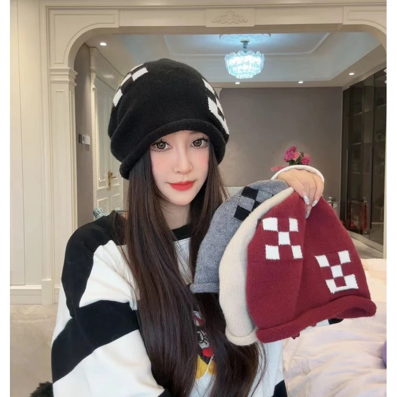 棋盘格抽绳堆堆帽新款秋冬保暖毛线帽护耳针织帽百搭冷帽包头帽女