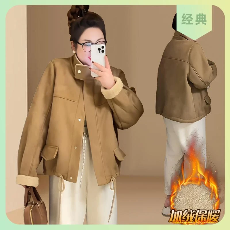 大码立领加厚防风皮毛一体机车服外套女秋冬胖mm保暖显瘦开衫上衣