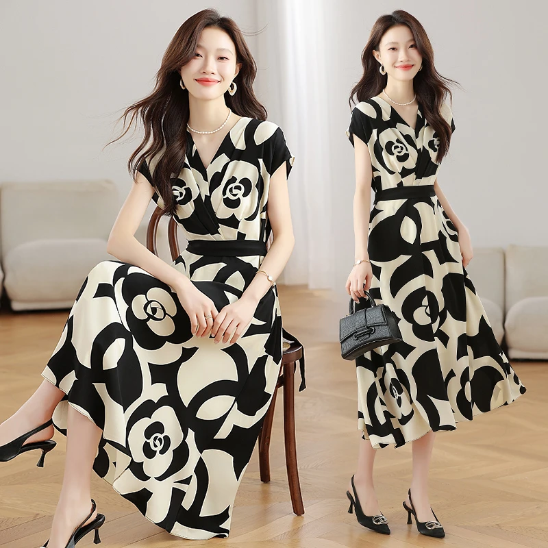 高级感法式V领收腰雪纺印花连衣裙2025夏装新款气质长裙女
