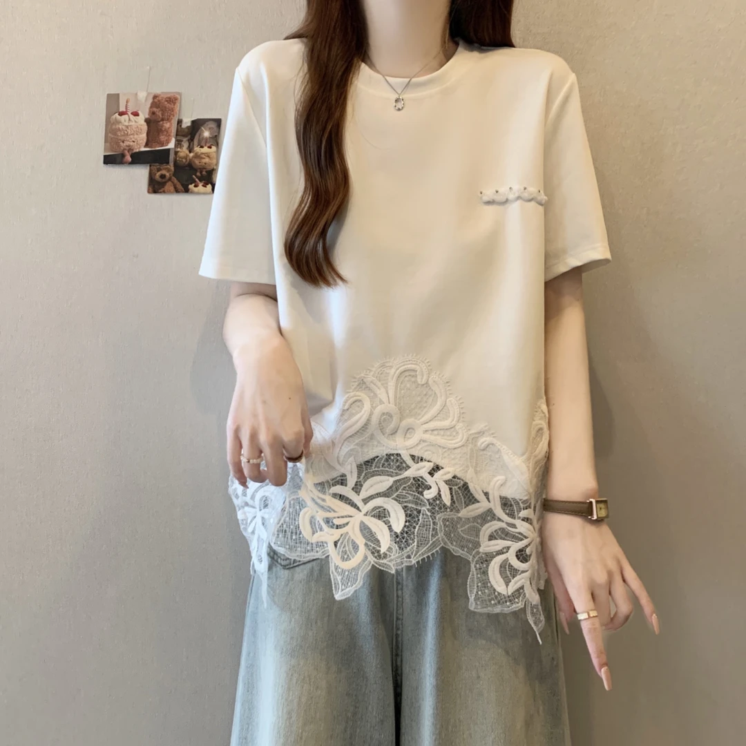 大码女装下摆不规则蕾丝花边短袖T恤女夏季胖mm宽松显瘦遮肚上衣