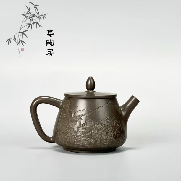 105cc 浮雕徽派民居高身石瓢 网孔 广西钦州坭兴陶 纯手工茶壶