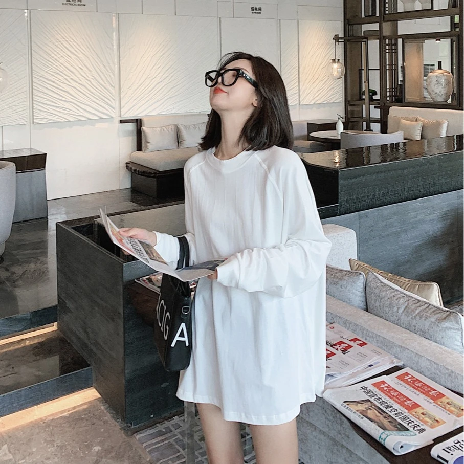 白色圆领插肩基础bf打底衫女宽松ins潮风长袖百搭T恤女