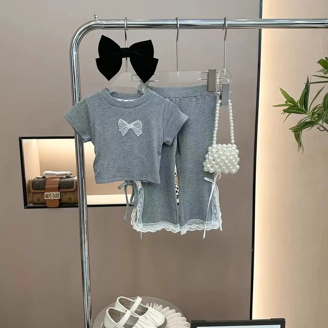 女童2024新款夏季蝴蝶结甜美蕾丝花边开叉喇叭裤洋气小清新套装