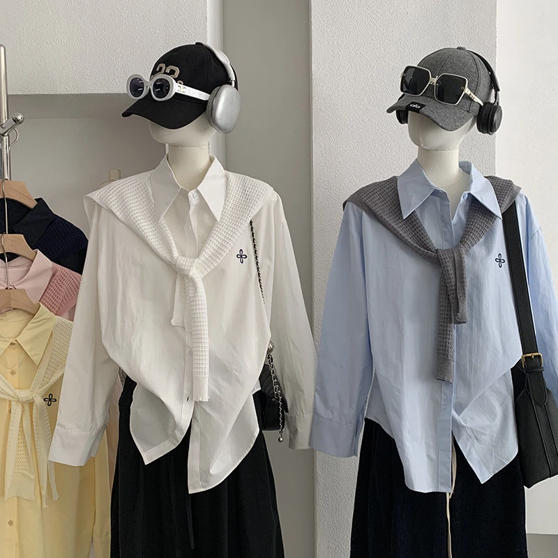 欧玛莱翻领刺绣单排扣长袖中长款衬衫搭针织披肩两件套上衣6144