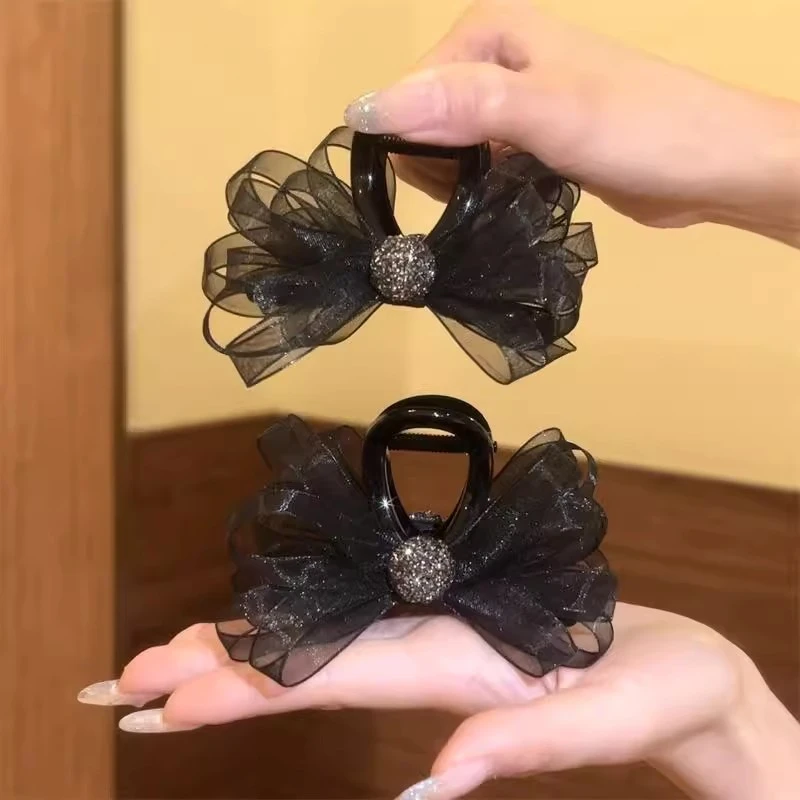 2025新款浪漫黑色蝴蝶结抓夹后脑勺鲨鱼夹马尾盘发半半扎发抓夹