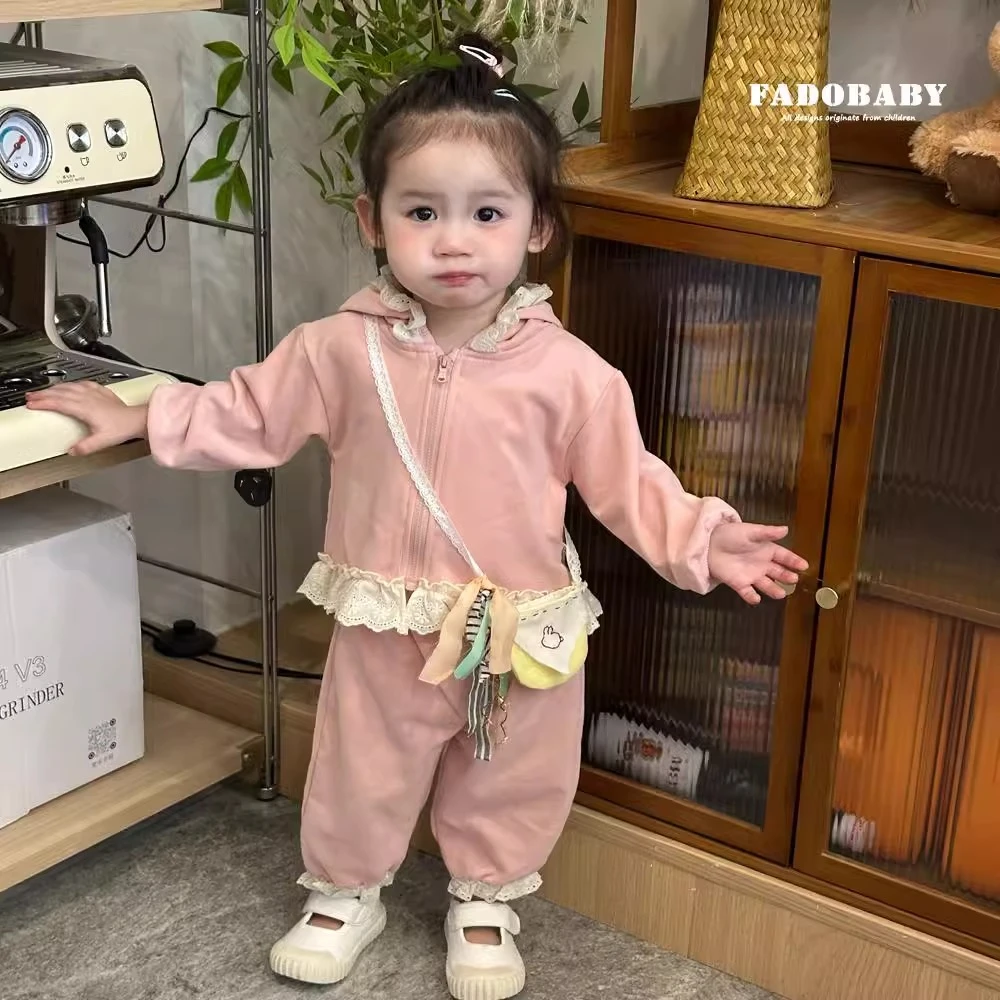 女童套装2025新款洋气儿童春装宝宝花边连帽卫衣外套卫裤两件套潮