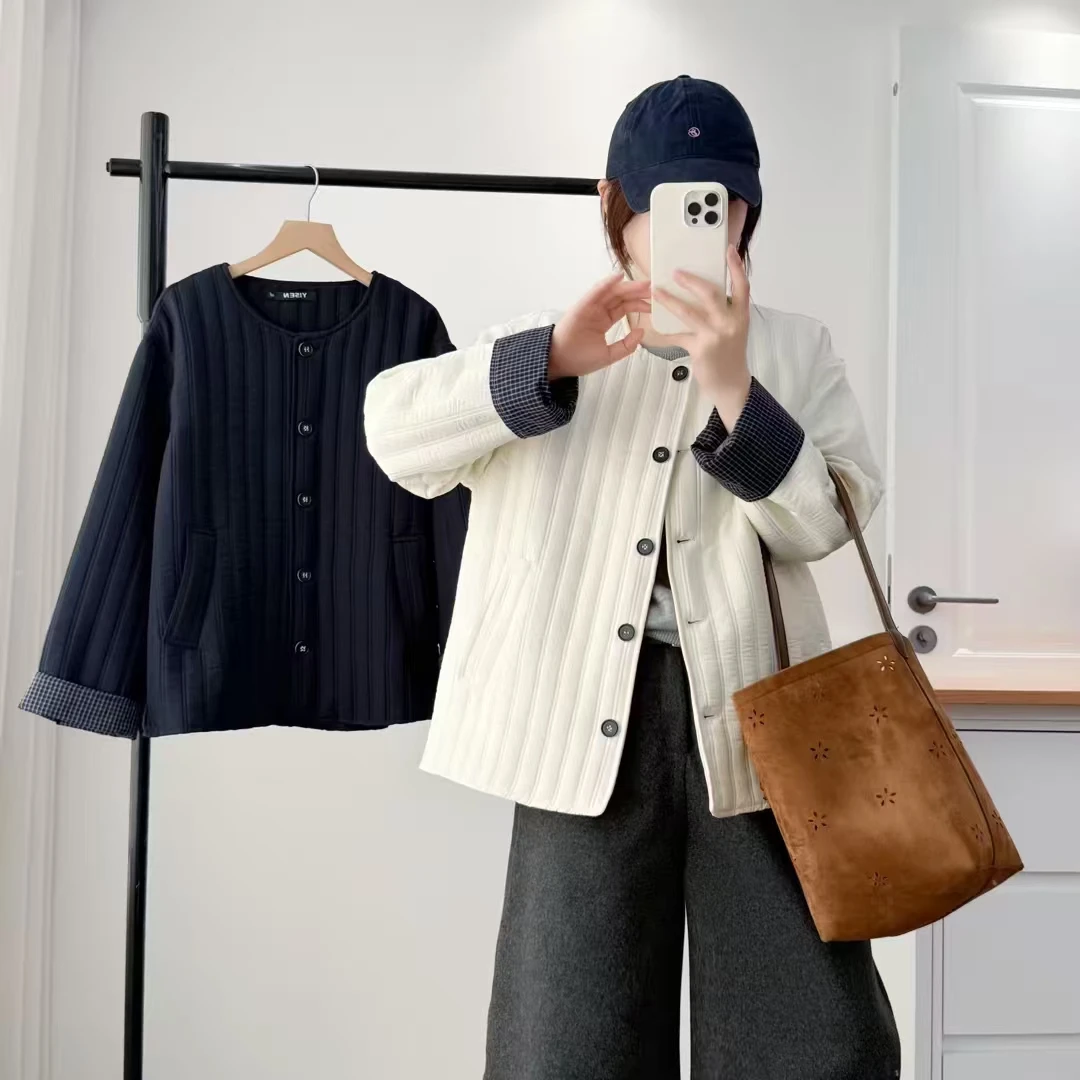 2025秋冬新款格子拼接轻薄款棉衣百搭冬季外套显瘦韩系小棉衣