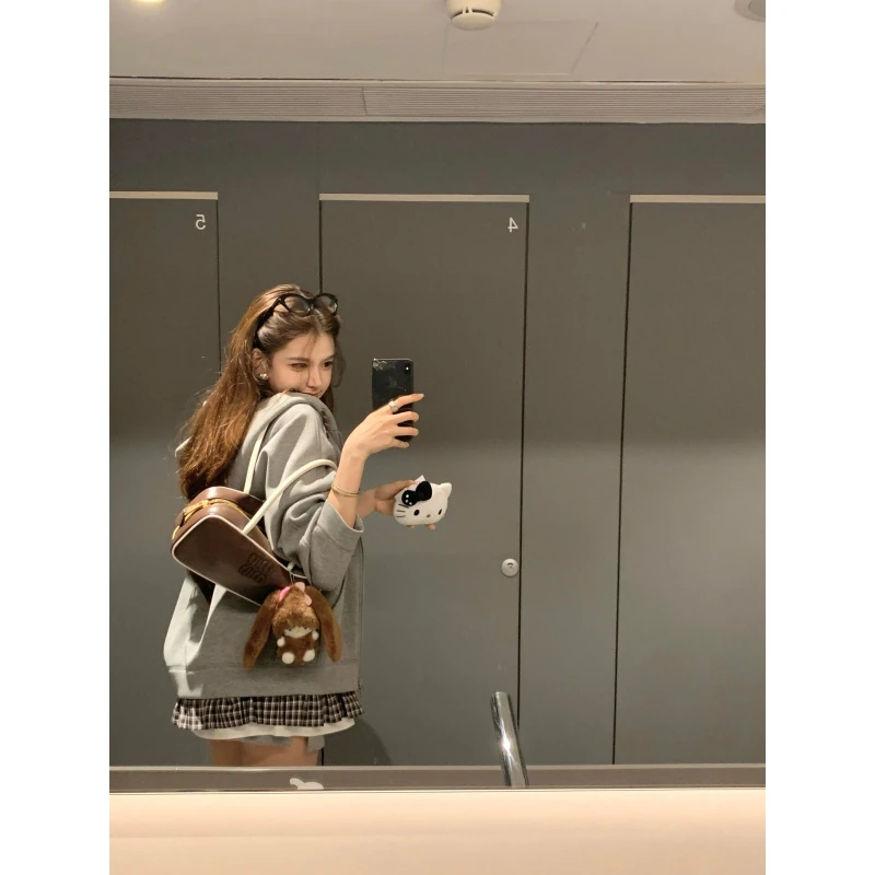 韩版宽松设计感灰色百搭连帽卫衣外套秋冬新款纯欲气质格子短裙潮