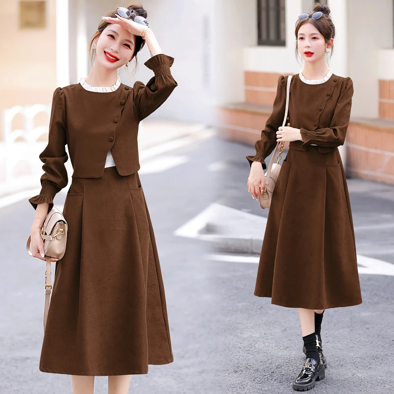 气质长袖连衣裙女秋秋2025新款减龄木耳边花边拼接假两件衬衫裙子