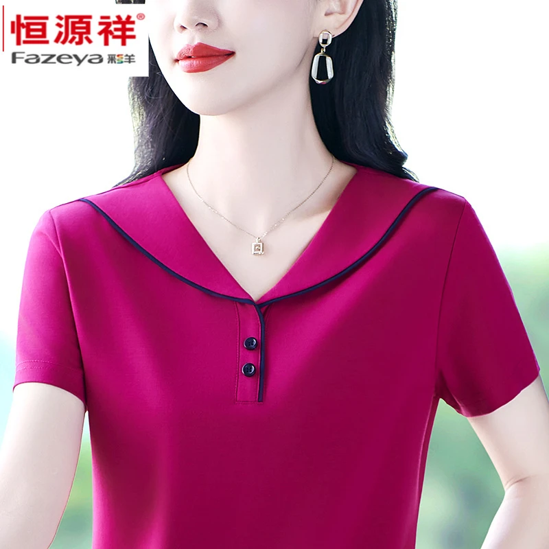 彩羊品牌装中年妈妈polo衫翻领短袖t恤女夏季薄款减龄时尚上衣服