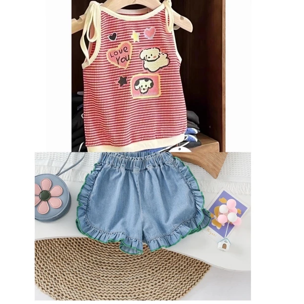 韩系童装女童背心夏季外穿粉色上衣宝宝百搭时尚儿童牛仔短裤套装