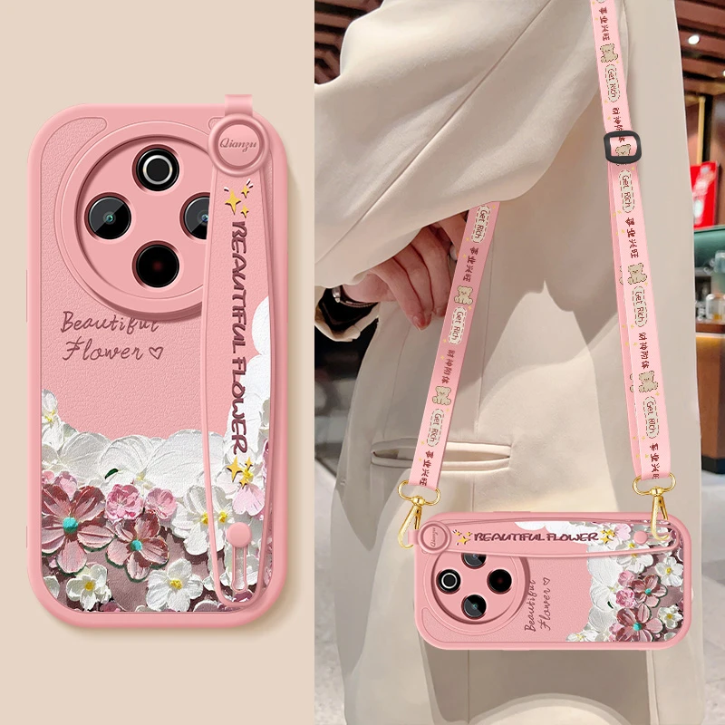 油画花海vivoy300pro手机壳新款Y300斜挎腕带小羊皮硅胶全包软壳