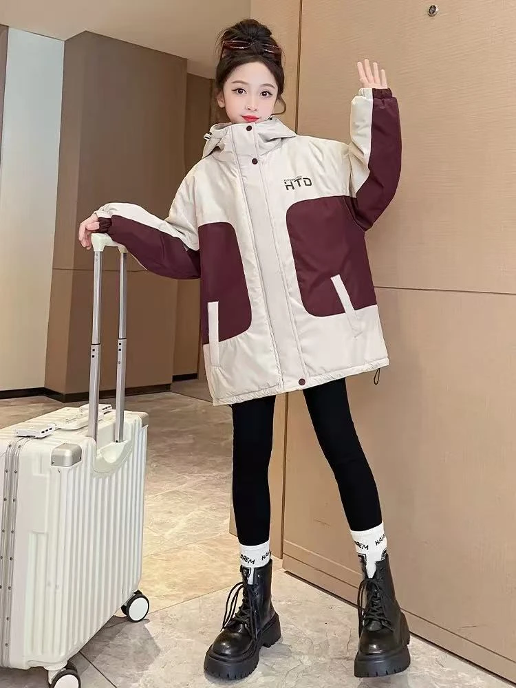 【丫丫童品】女童HTD拼色连帽外套酒红保暖洋气韩版冬季外套G377