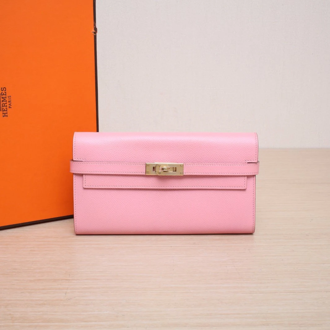95新 Hermes/爱马仕 小花双双 Kelly 长款钱包 奶昔粉 Ep皮 T刻