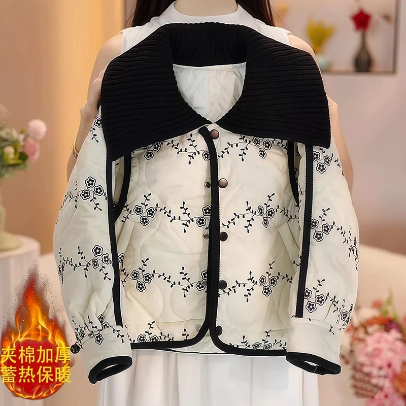 女童碎花棉服秋冬2025新款大翻领加厚刺绣棉袄甜美冬装保暖外套潮