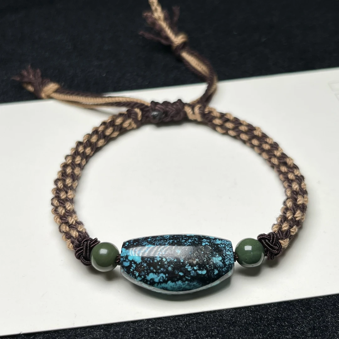 原矿高瓷无优化绿松石桶珠手绳男士手链复古风手工编绳送男友礼物