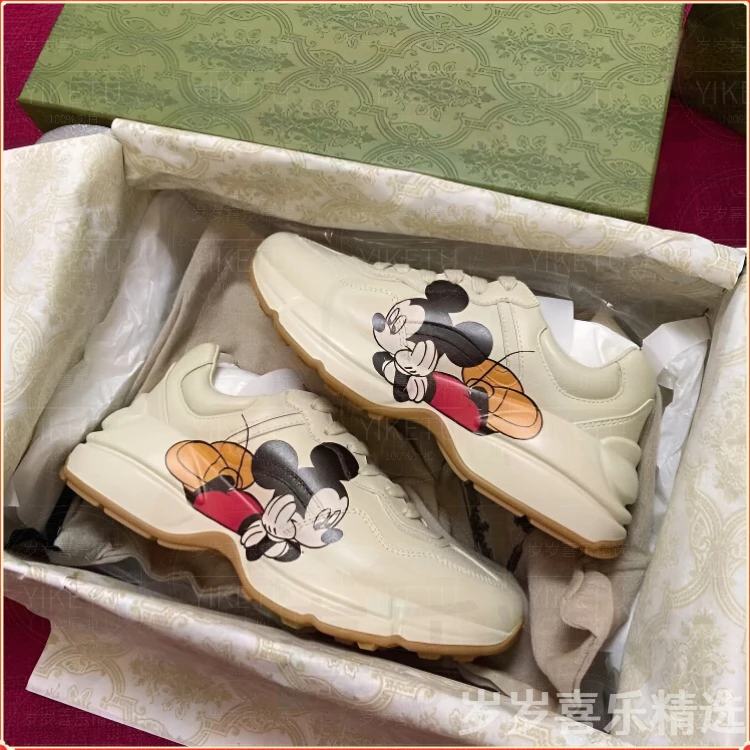 时尚老爹鞋百搭厚底增高真皮卡通米奇情侣鞋女鞋休闲运动鞋小白鞋
