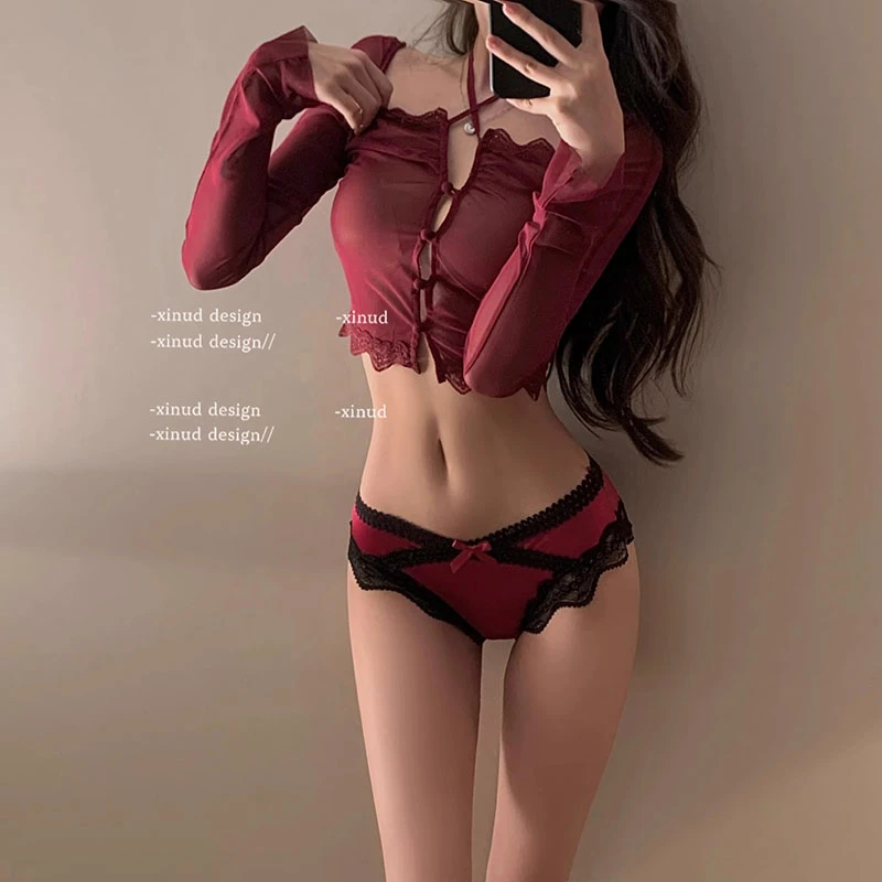 娇莞笙香*性感蕾丝内裤女薄款春季红色纯欲蝴蝶结z腰三角裤