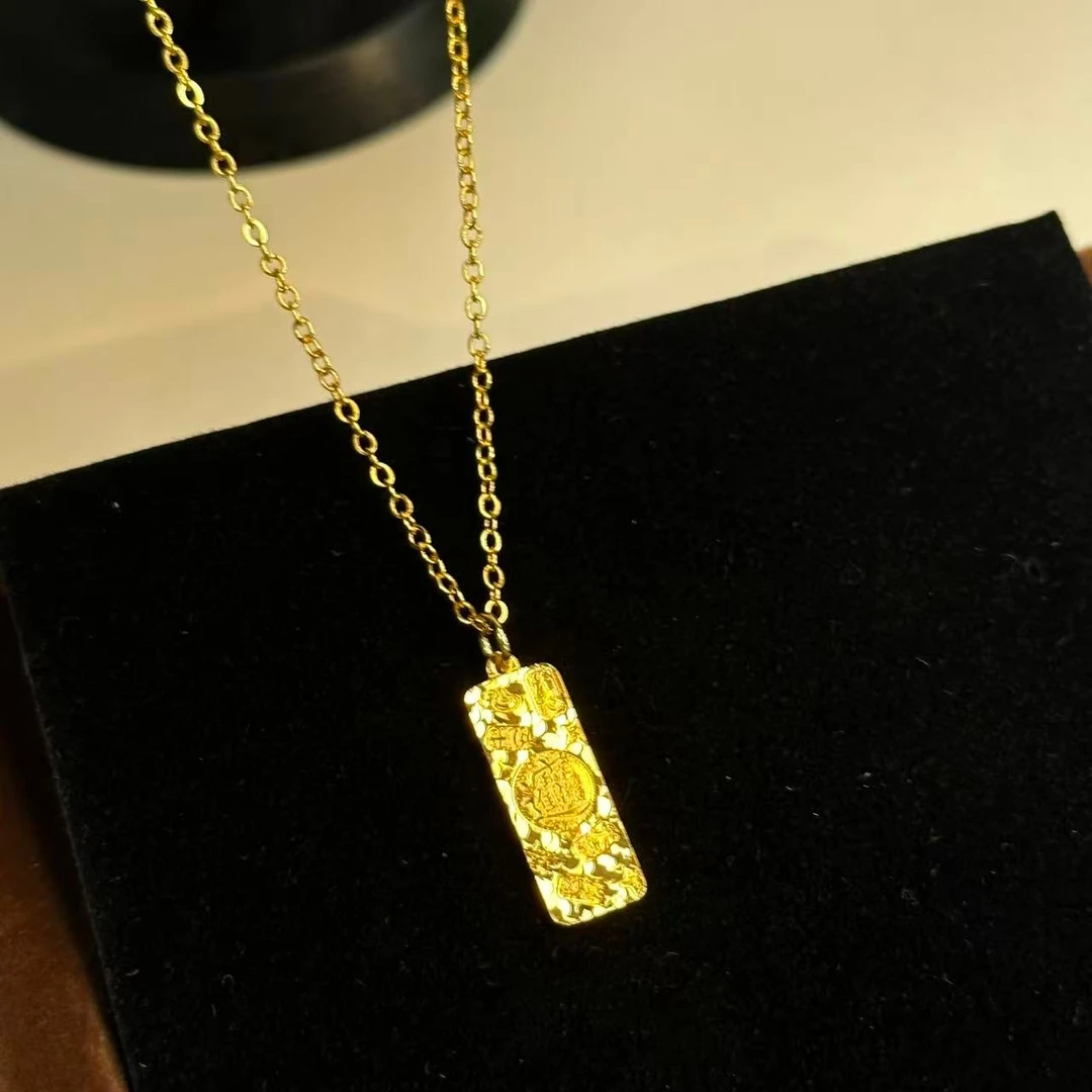 铜合金项链 镀K金 碎冰冰吉言小方牌 简约百搭经典气质K105