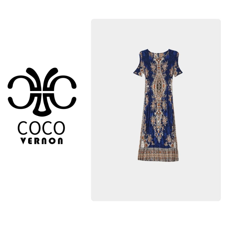 【宠粉专属】轻奢褶皱圆领超弹力印花连衣裙夏季高腰显腿长裙