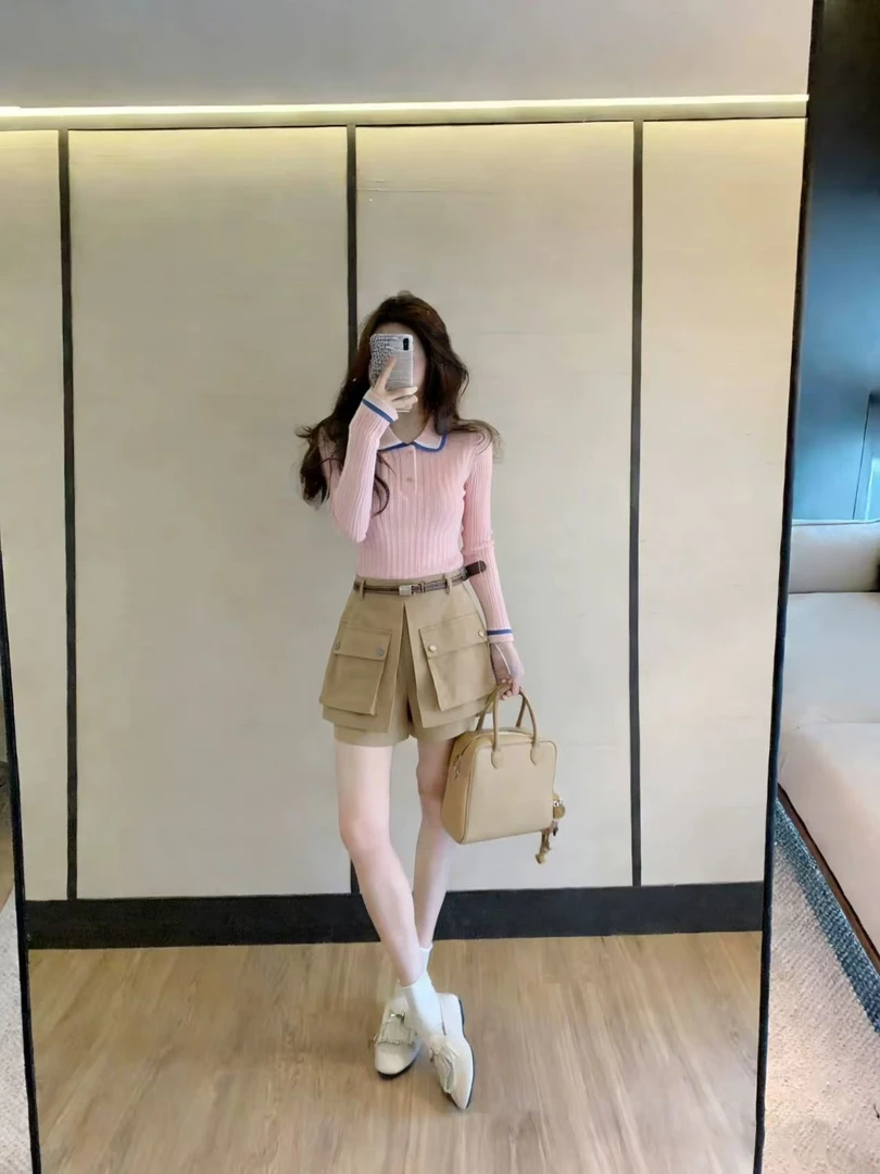 秋冬新款潮牌女装韩版时尚气质修身翻领针织衫设计感休闲短裤套装