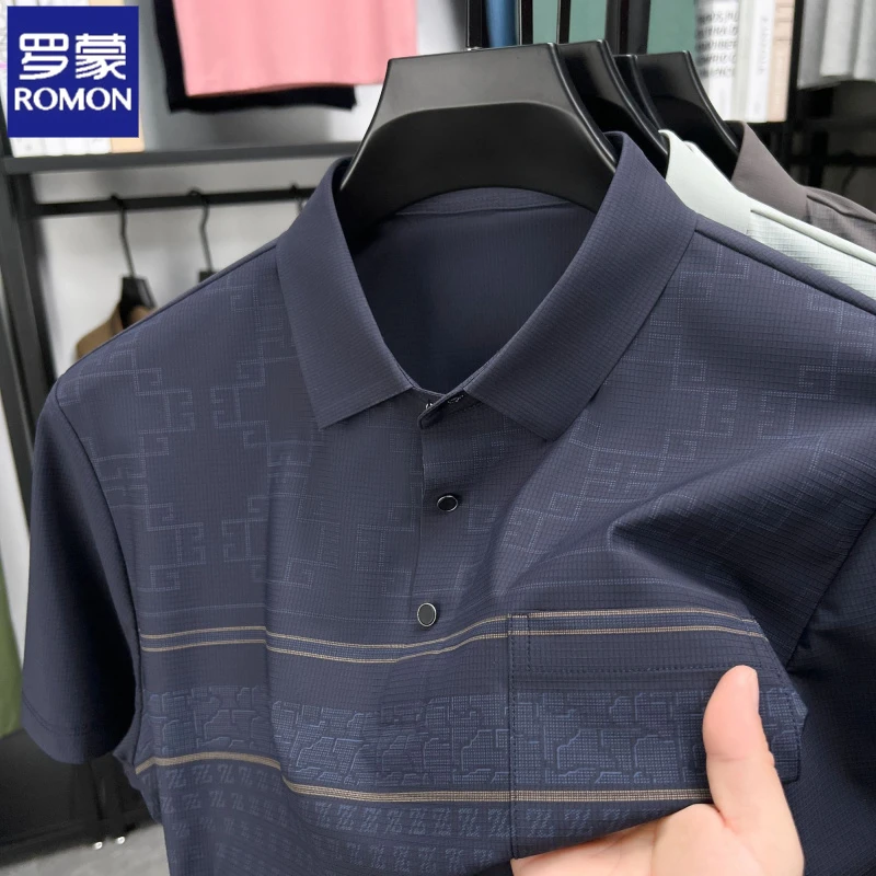 罗蒙夏季短袖新款商务polo衫t恤男翻领口袋休闲印花体恤衫爸爸装