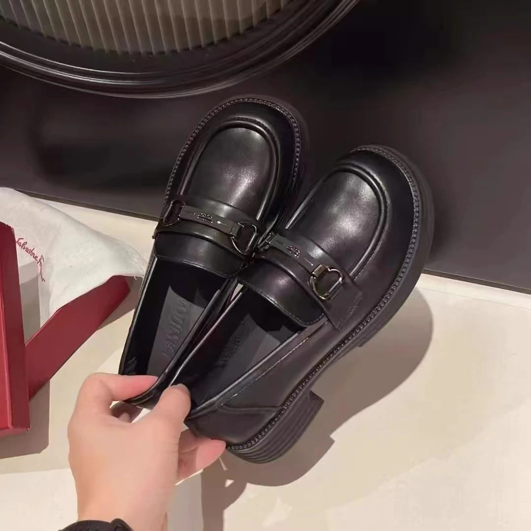 6862厚底圆头黑色高跟鞋粗跟防水台乐福鞋上班穿单鞋显脚小皮A11