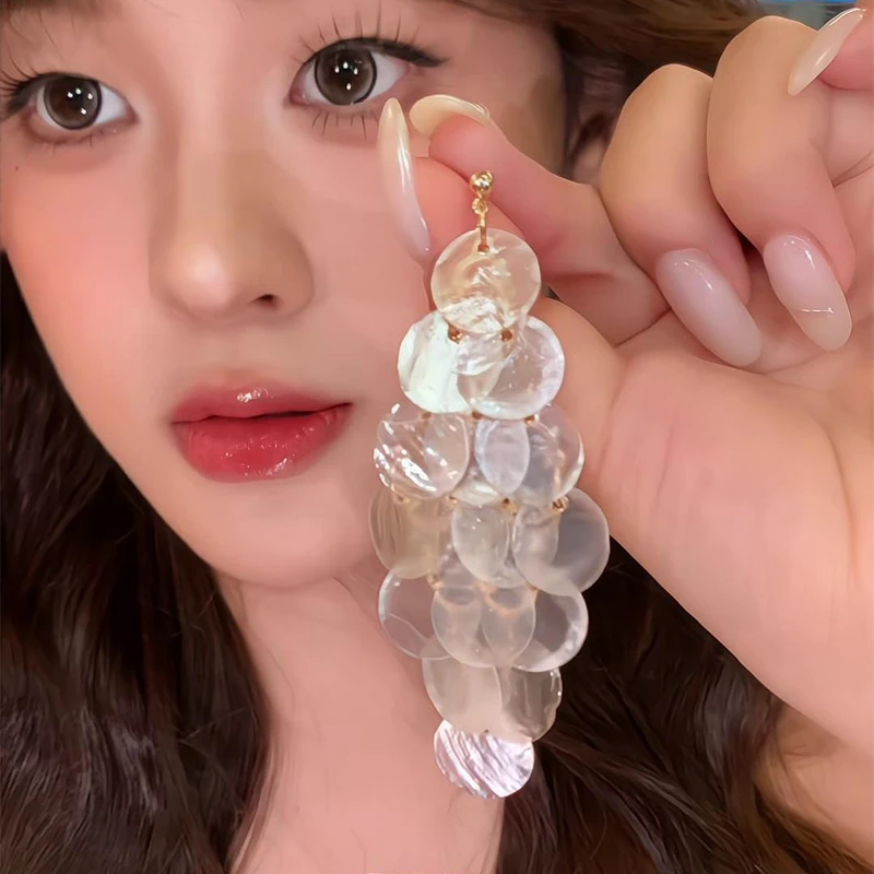 铜合金贝壳耳饰 金色耳针耳饰白色贝壳片多层串叠流苏耳环新款
