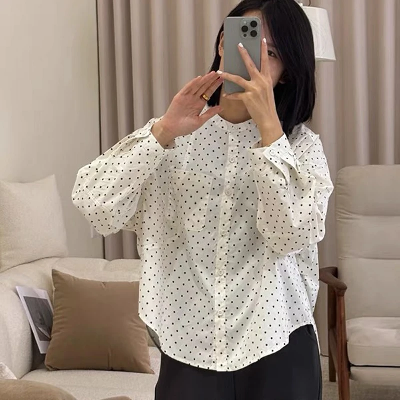 2025新款韩系休闲圆领波点长袖衬衫女宽松显瘦百搭衬衣上衣 53202