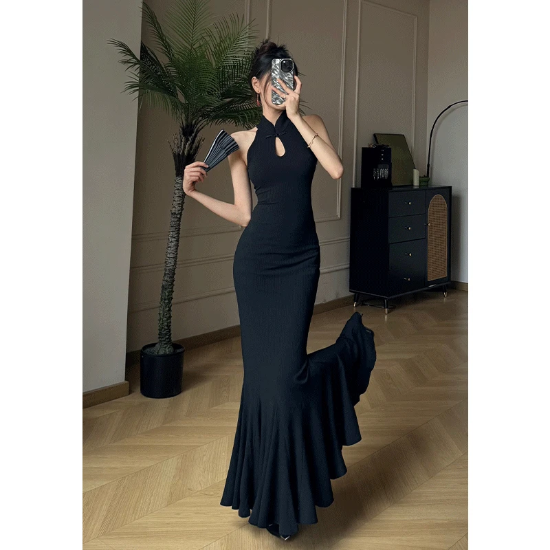 中式国风盘扣设计显瘦步步生莲鱼尾连衣裙黑色性感长裙夏季956