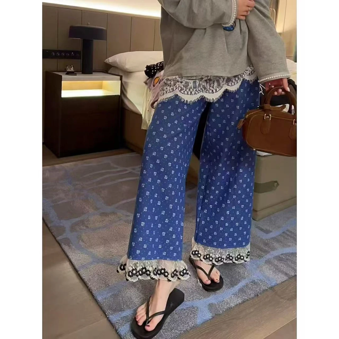 【梅花碎花花边裤】2025春款夏款爆款设计款小众烧花仿牛仔阔腿裤