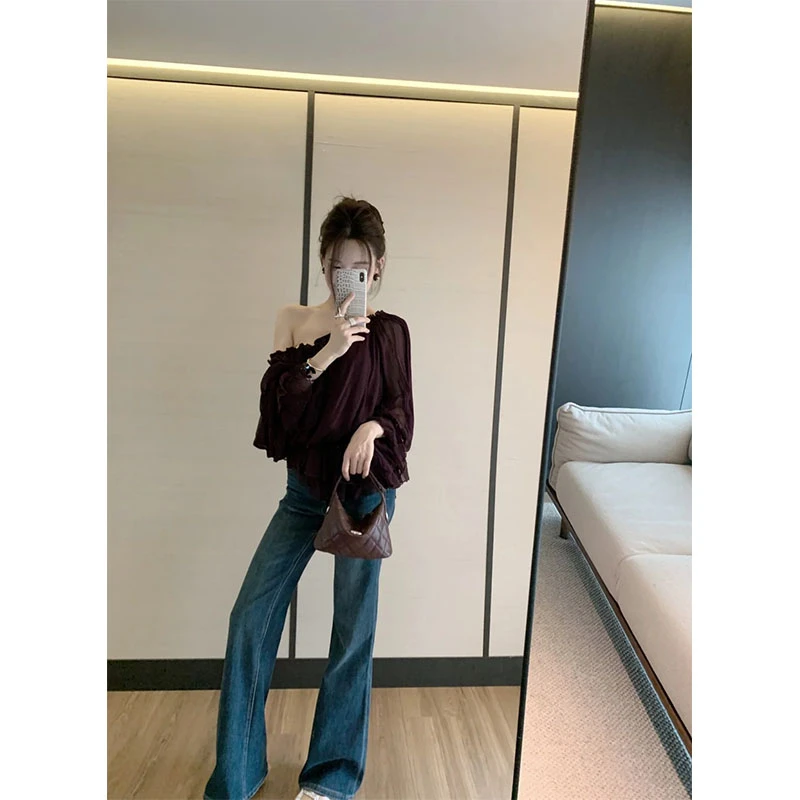 秋季新款修身显瘦小众时尚高级感露肩上衣休闲简约时尚百搭长裤女