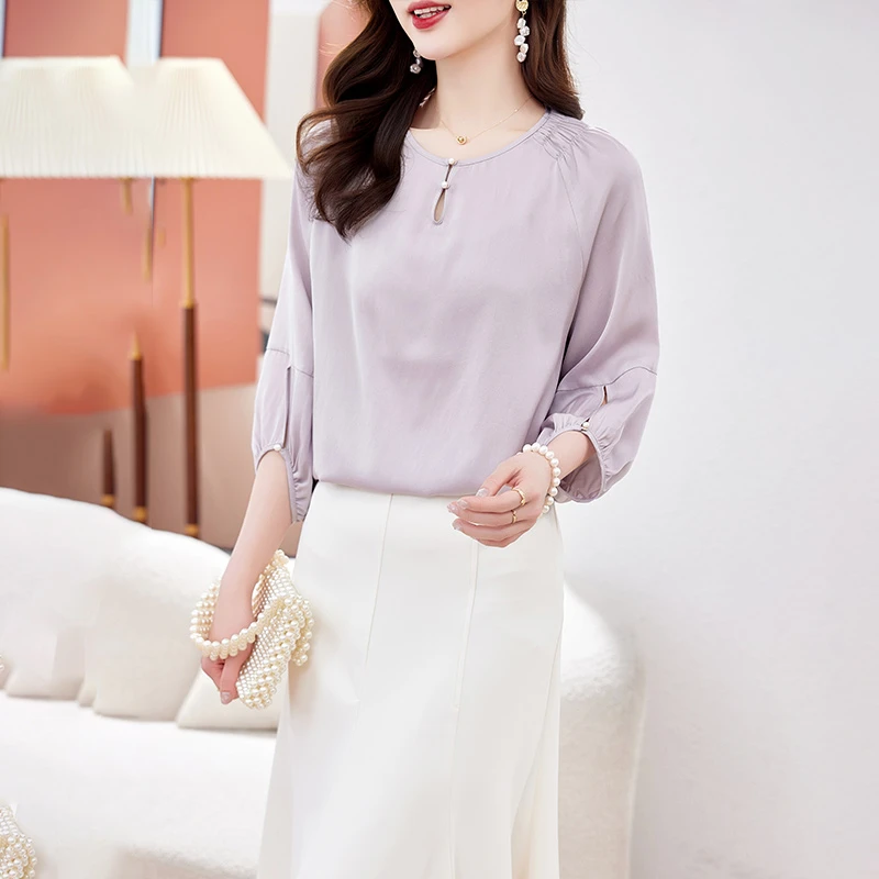 五分袖重磅真丝上衣女2025年夏季新款时尚气质桑蚕丝衬衣纯色衬衫