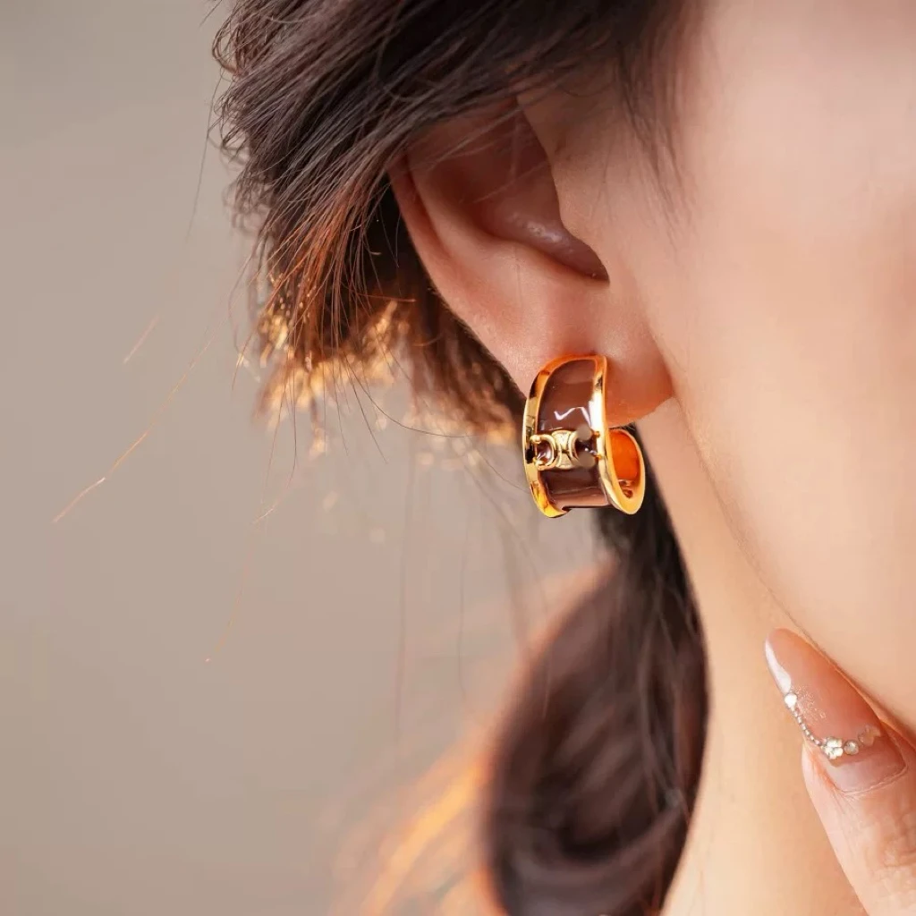 铜合金耳饰 925银针中古vintage滴油字母C形耳环轻奢高级感耳饰