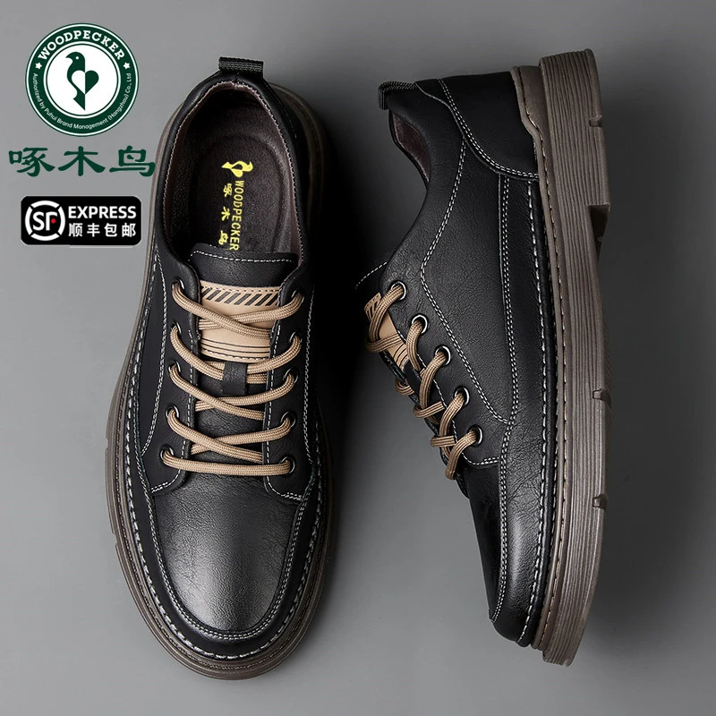 啄木鸟男鞋软底加绒棉皮鞋男韩版休闲鞋潮百搭英伦鞋男复古工装鞋
