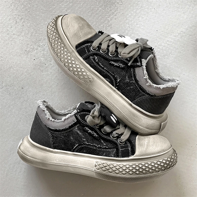 米奇复古做旧帆布鞋男2025新款百搭丑萌大头鞋增高轻质厚底板鞋