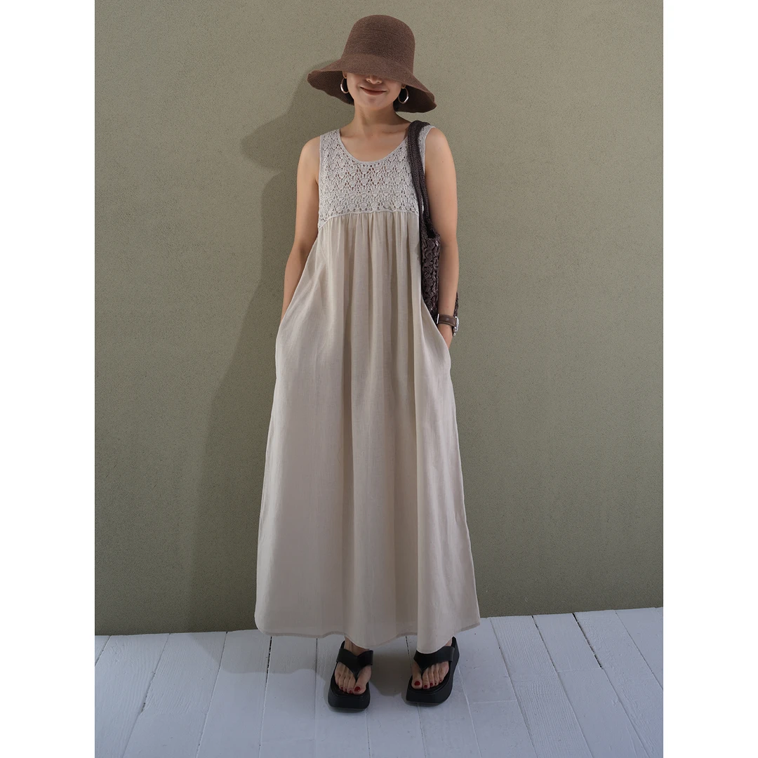 UPINLOOK原色面料+手工钩织 圆领无袖米色长款背心连衣裙114204
