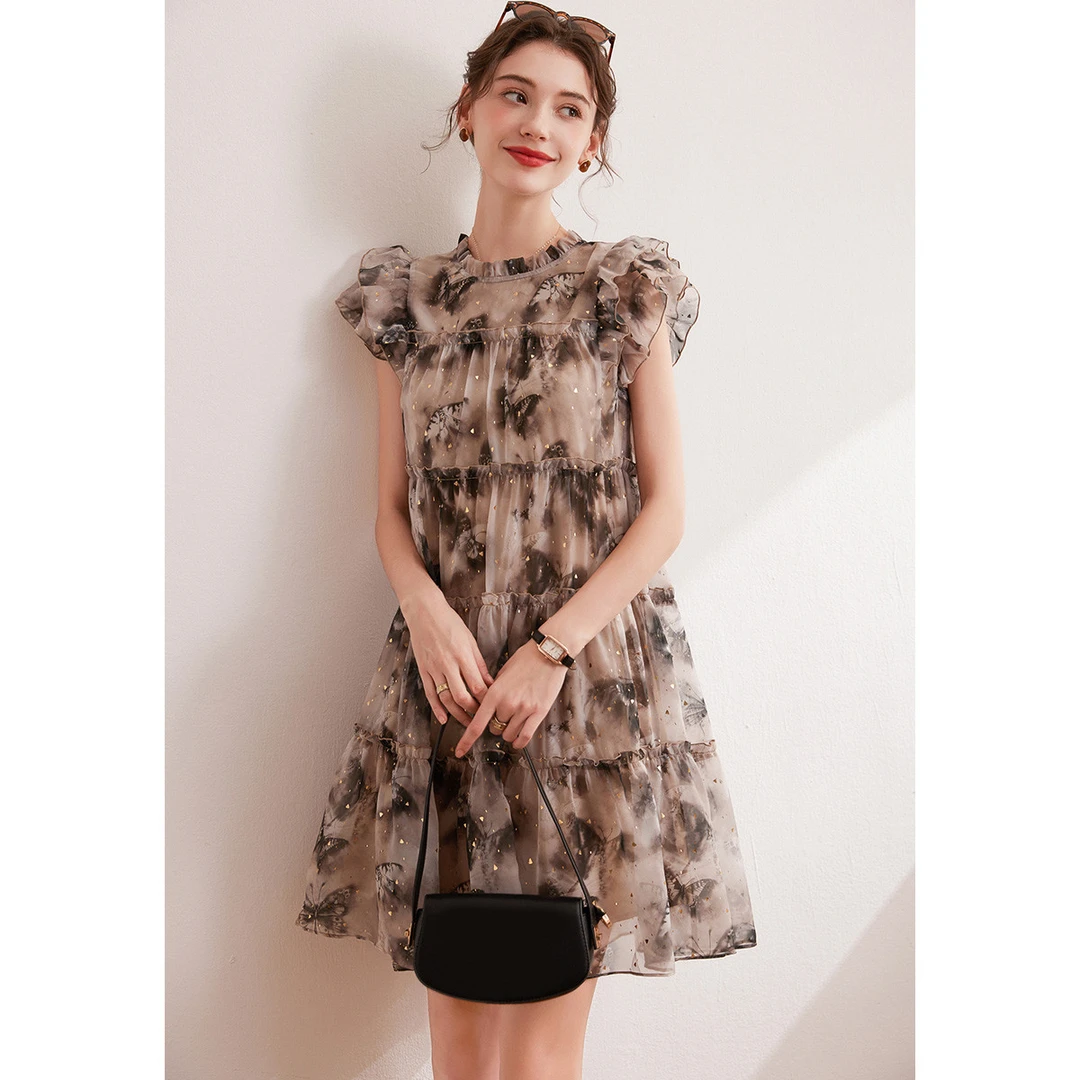 白鹿语夏新款时尚气质花纹显瘦女装连衣裙YU10702