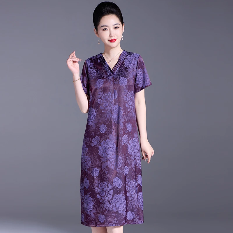 杭州高端桑蚕丝连衣裙女夏季新款宽松遮肚显瘦气质真丝裙子妈妈装