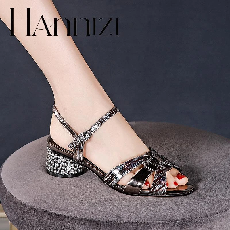 hannizi夏季鱼嘴凉鞋女粗跟镂空鱼嘴鞋中跟水钻时尚休闲大码女鞋