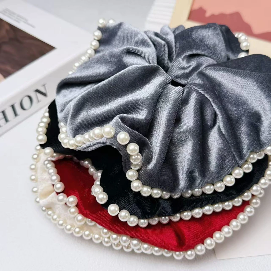 KQE/韩系甜美珍珠大号丝绒布圈时尚百搭气质大肠圈小香风发圈简约