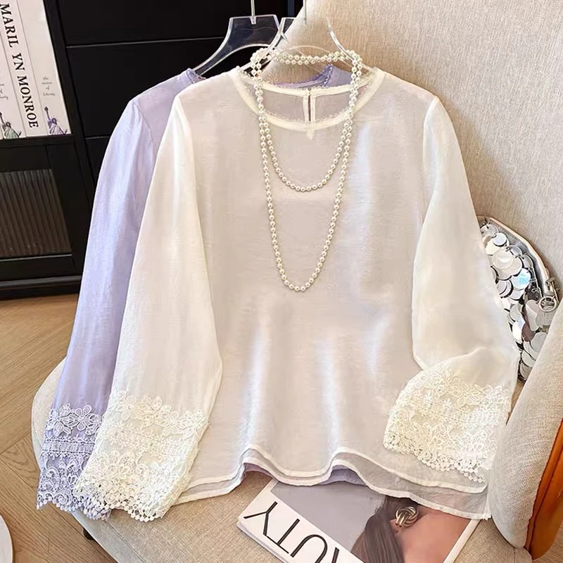 新中式印染夏季薄款长袖刺绣衬衫洋气上衣圆领国风早秋百搭打底女