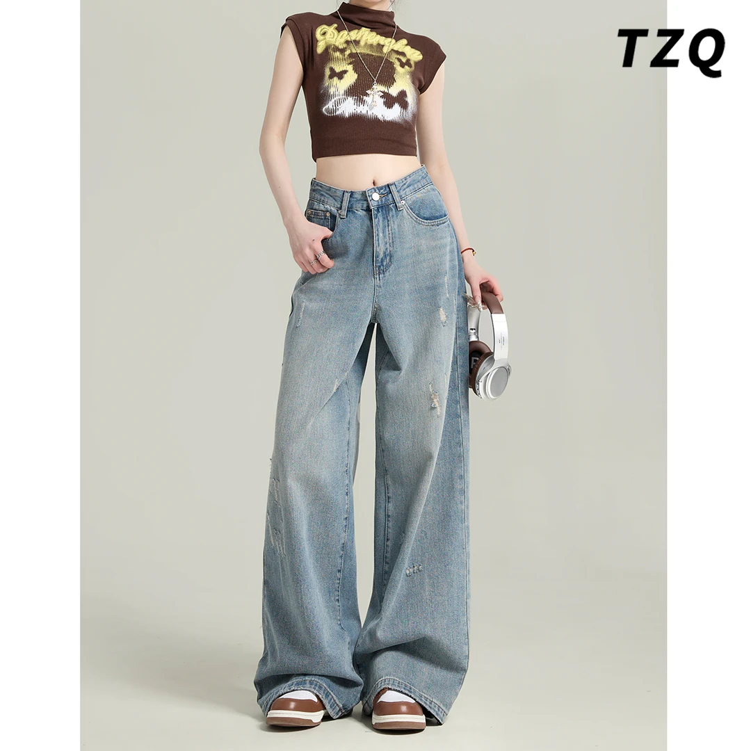 复古水洗2025夏季新款显瘦破洞牛仔裤女高腰阔腿拖地裤TZQ2531220