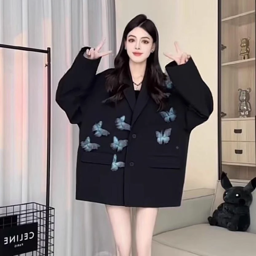 可拆卸立体蝴蝶黑色西装外套女秋冬季新款时髦小众西服高级感上衣