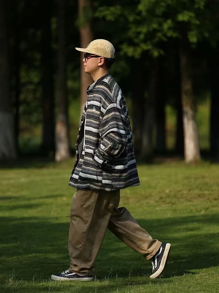 N451 日系男女同款条纹开衫外套