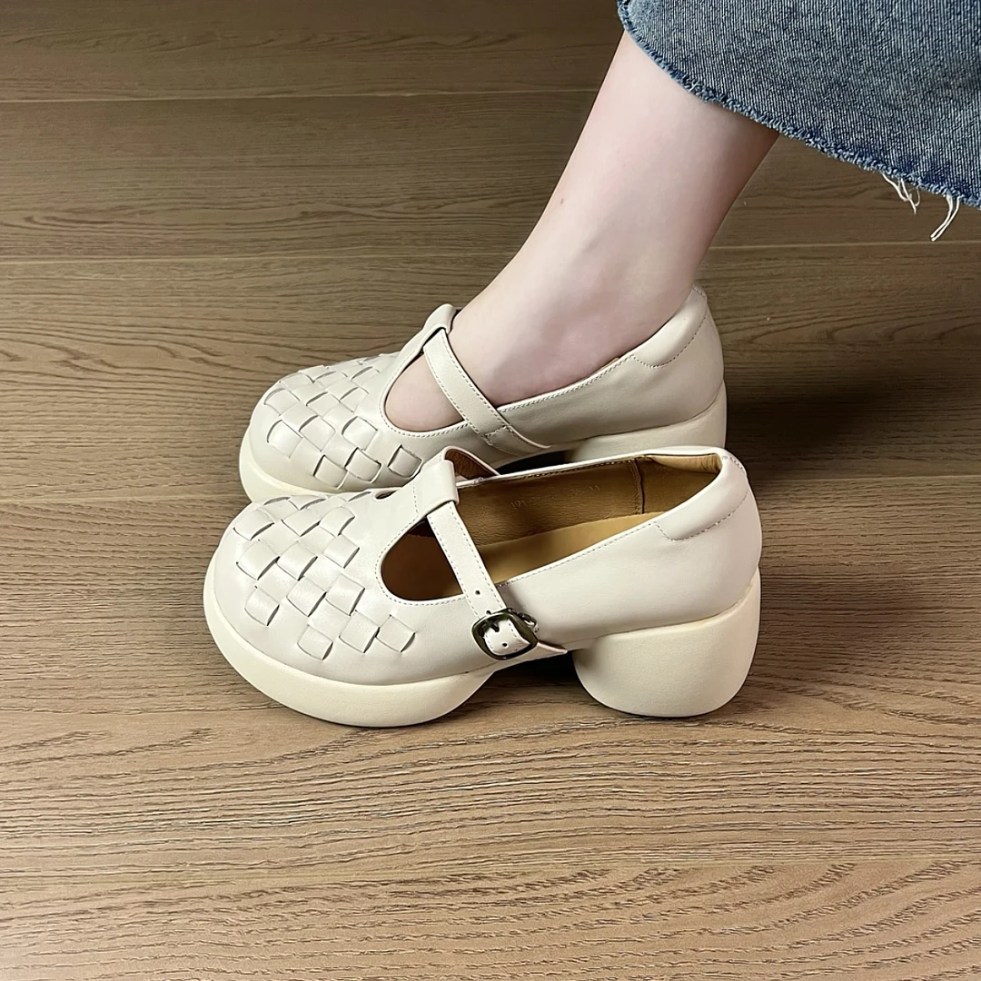 6.5cm粗跟厚底简约百搭单鞋女新款圆头编织镂空丁字式扣带单鞋女